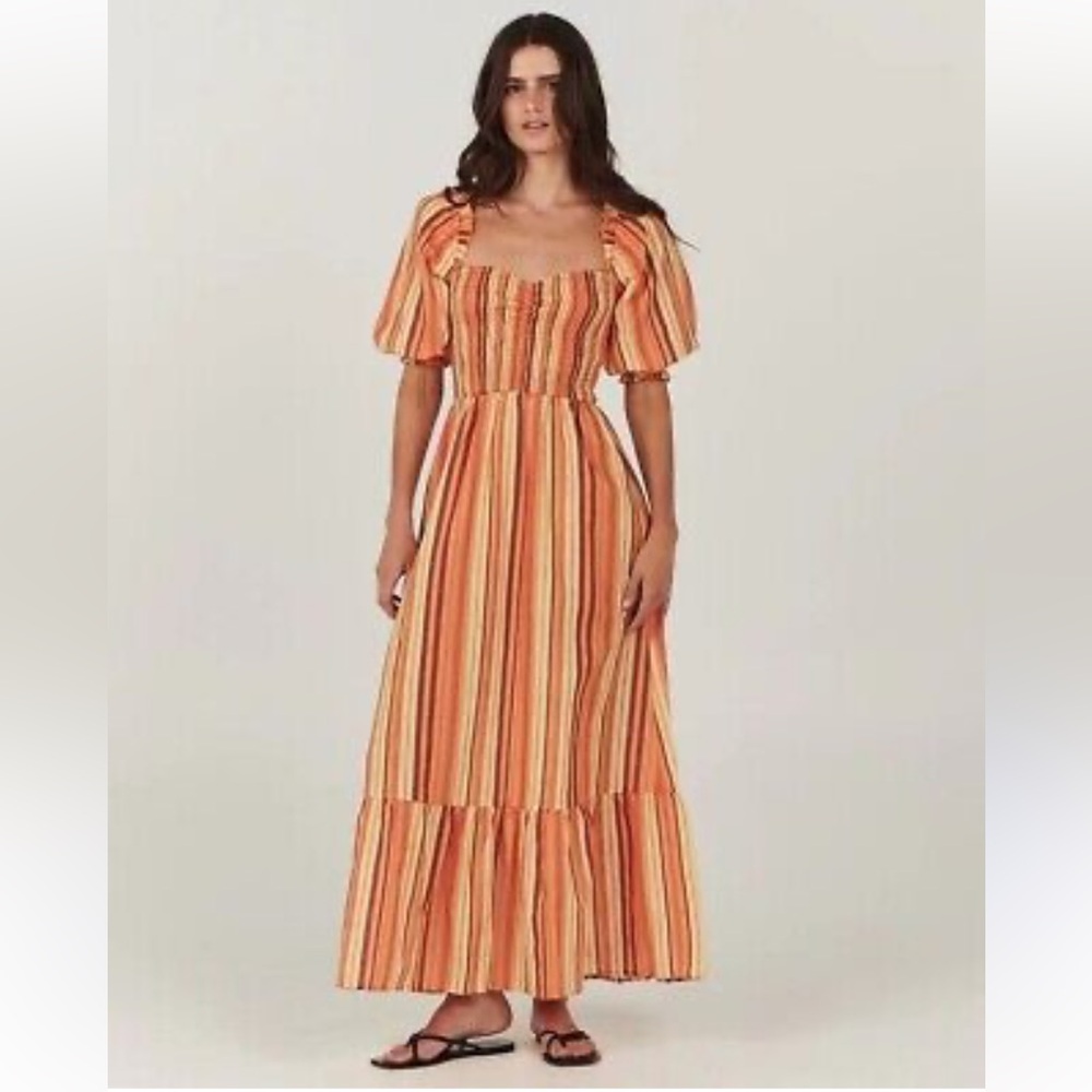 New Anthropologie Charlie Holiday Linen Blend Striped Smocked Tiered Maxi Dress